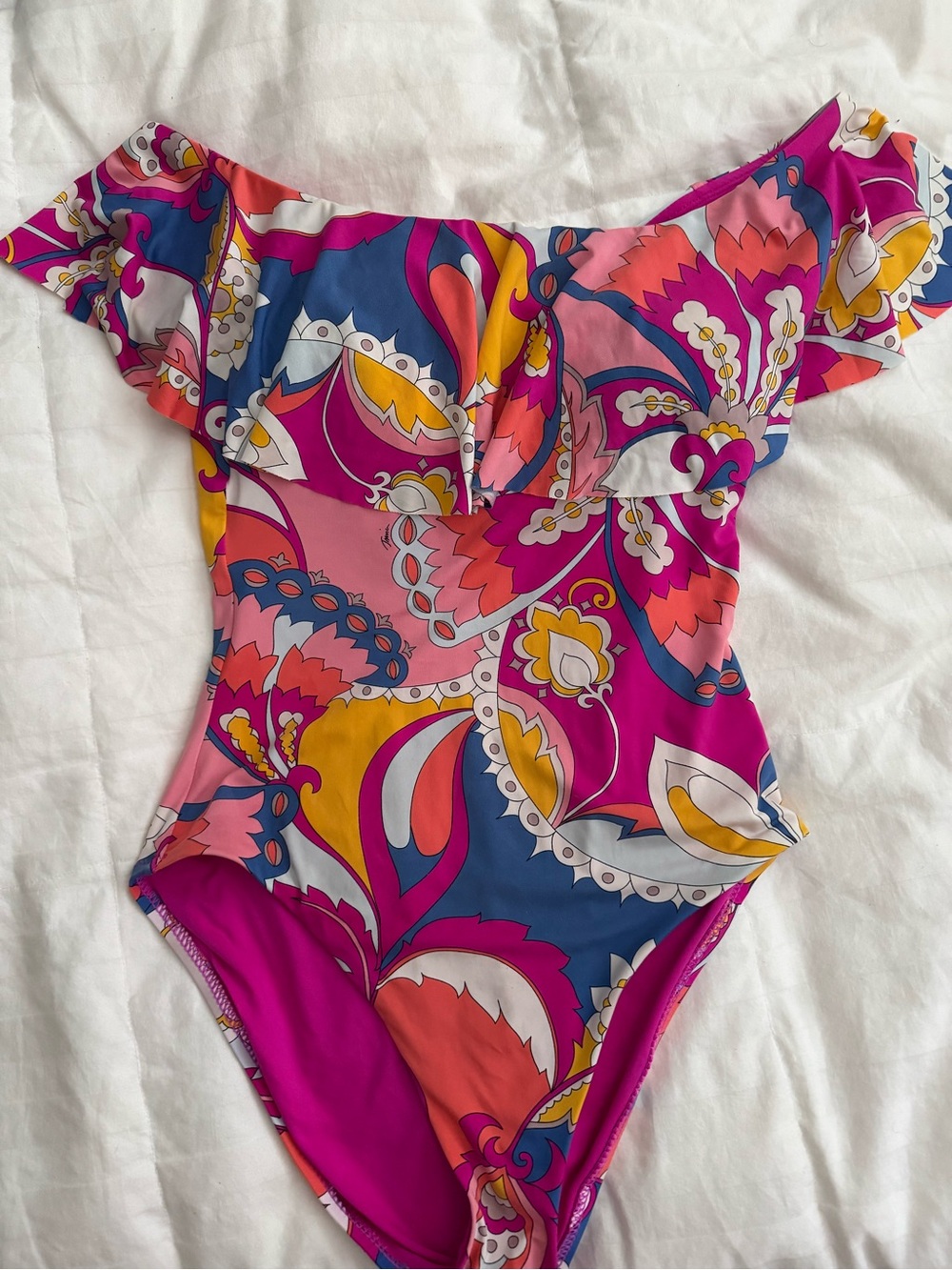Trina Turk Ruffle Off-Shoulder One-Piece Swimsuit in Fuchsia Paisley.